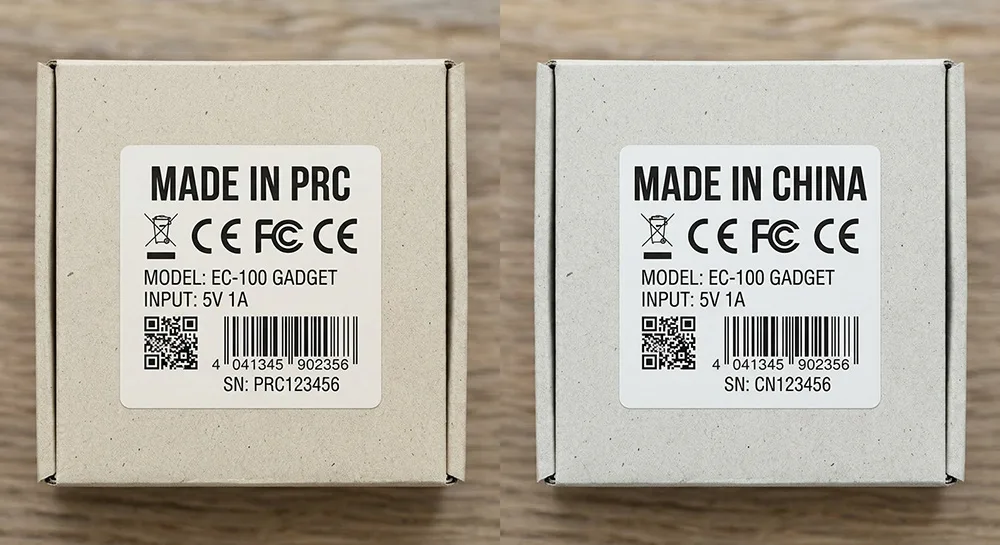 made in PRC vs made in China comparison product label