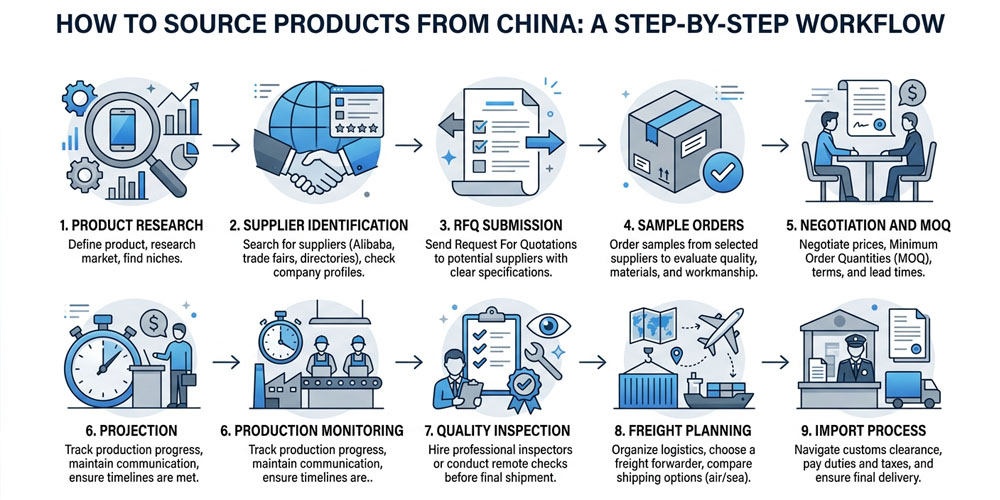 step-by-step China product sourcing workflow diagram