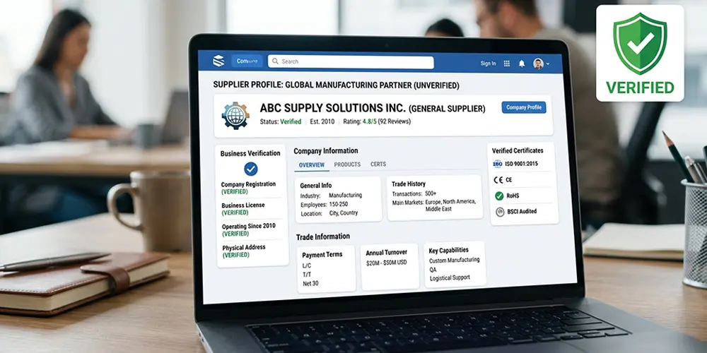 Verified supplier badge on Alibaba supplier profile with business verification details